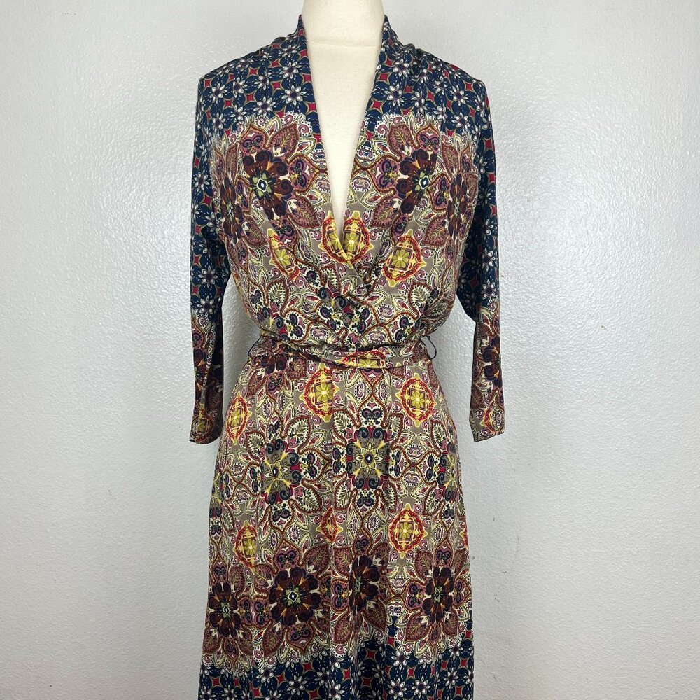 Anthropologie Fig And Flower Paisley V Neck 3/4 Sleeve Midi Dress Size M‎ Career